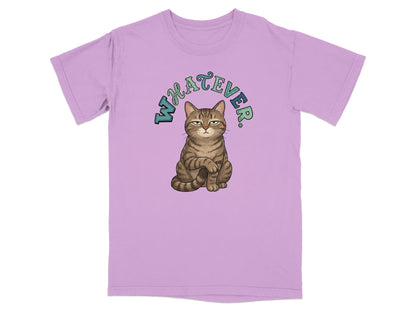 Lilac t-shirt with a grumpy cat and "Whatever" text.