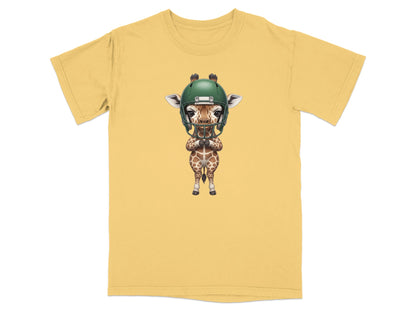 Giraffe wearing a green football helmet and holding its paws together.