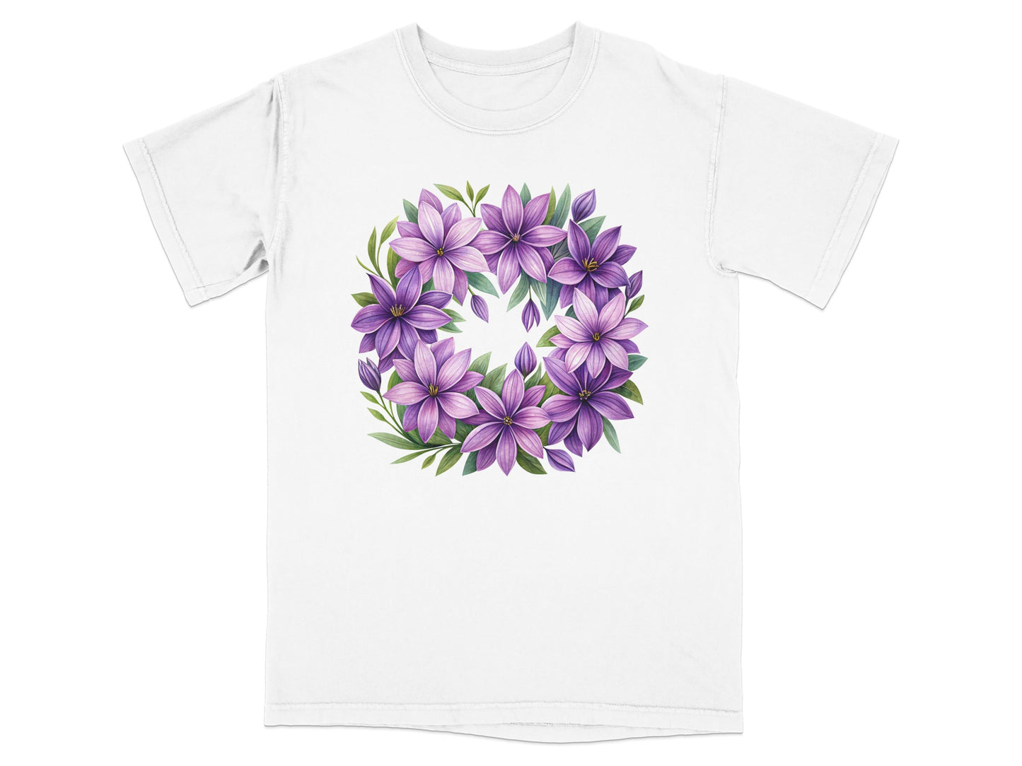 White t-shirt with a circular floral design of purple clematis flowers.