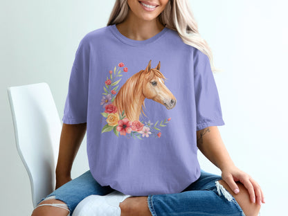 Purple t-shirt with a watercolor horse head and floral wreath graphic.