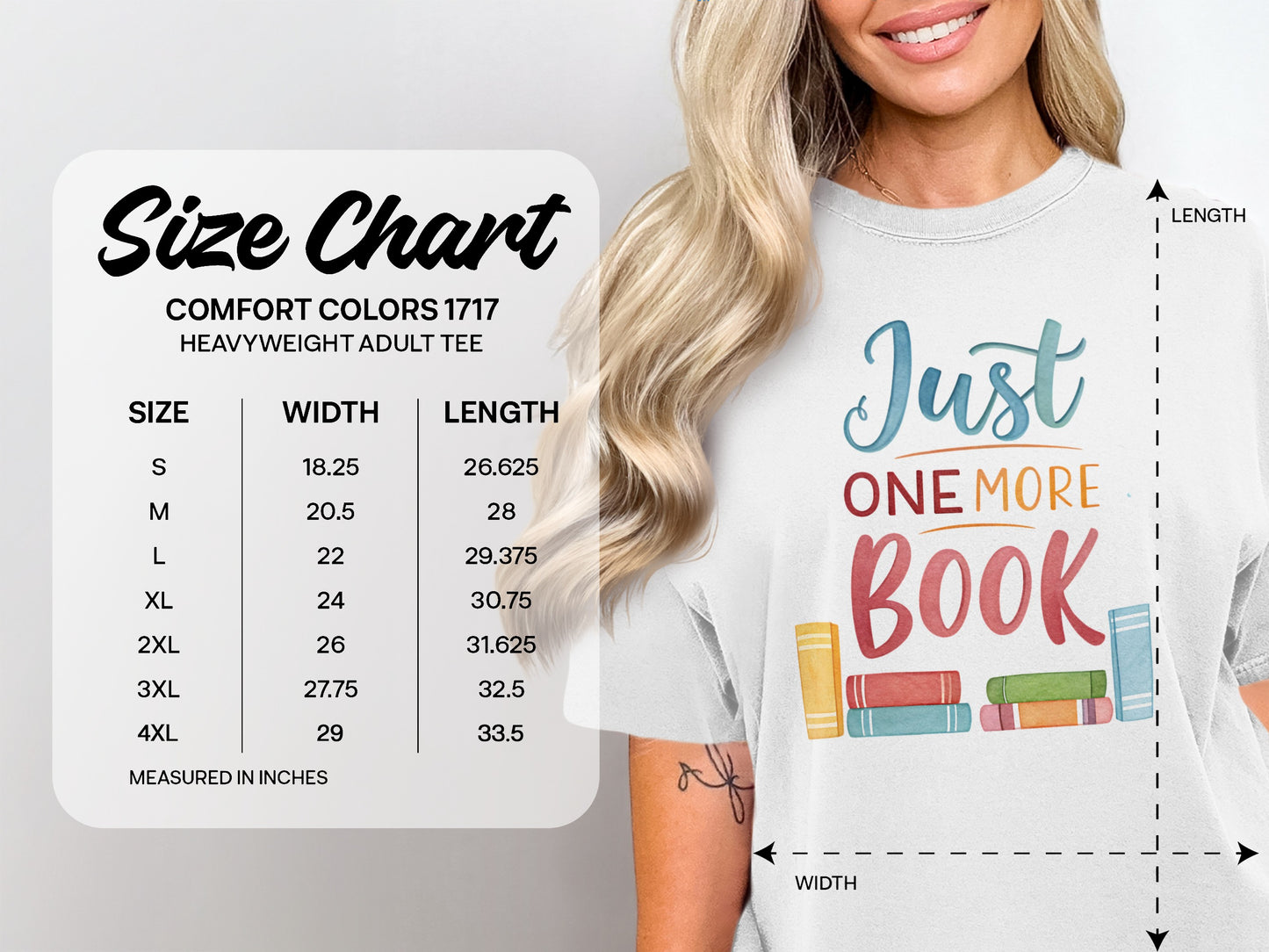 Size chart for Comfort Colors 1717 heavyweight adult tee, listing sizes S-4XL.