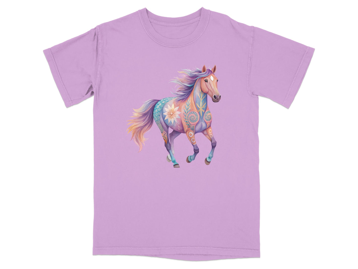 Lavender t-shirt featuring a watercolor-style horse with intricate floral and paisley patterns.