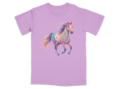 Lavender t-shirt featuring a watercolor-style horse with intricate floral and paisley patterns.