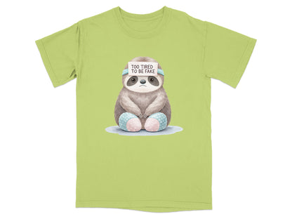Sloth illustration on light green t-shirt with "Too tired to be fake" text.