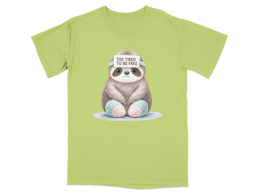 Sloth illustration on light green t-shirt with "Too tired to be fake" text.