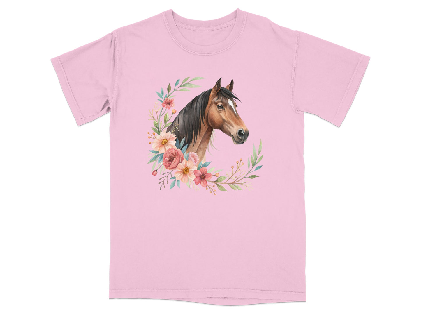 Pink t-shirt with watercolor horse and floral wreath graphic.