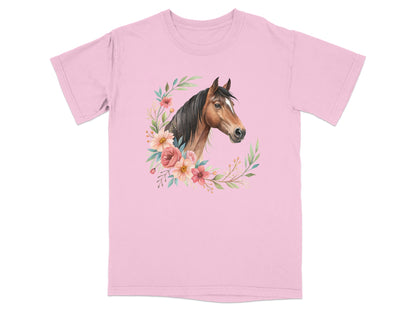 Pink t-shirt with watercolor horse and floral wreath graphic.