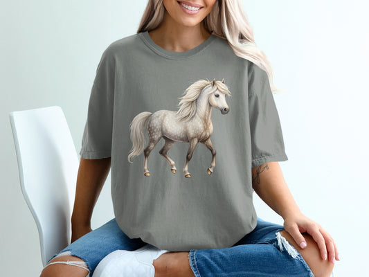 Gray t-shirt with white dappled horse graphic on front.