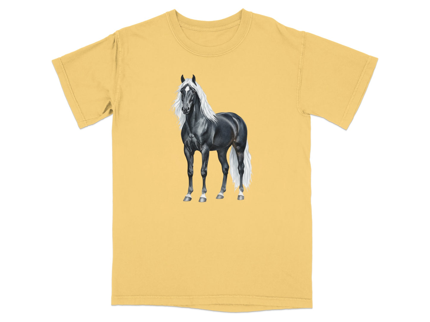 Black horse with white mane and tail on a yellow t-shirt.