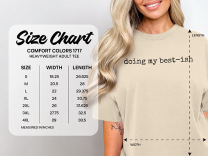 Size chart for Comfort Colors 1717 heavyweight adult tee, with measurements.