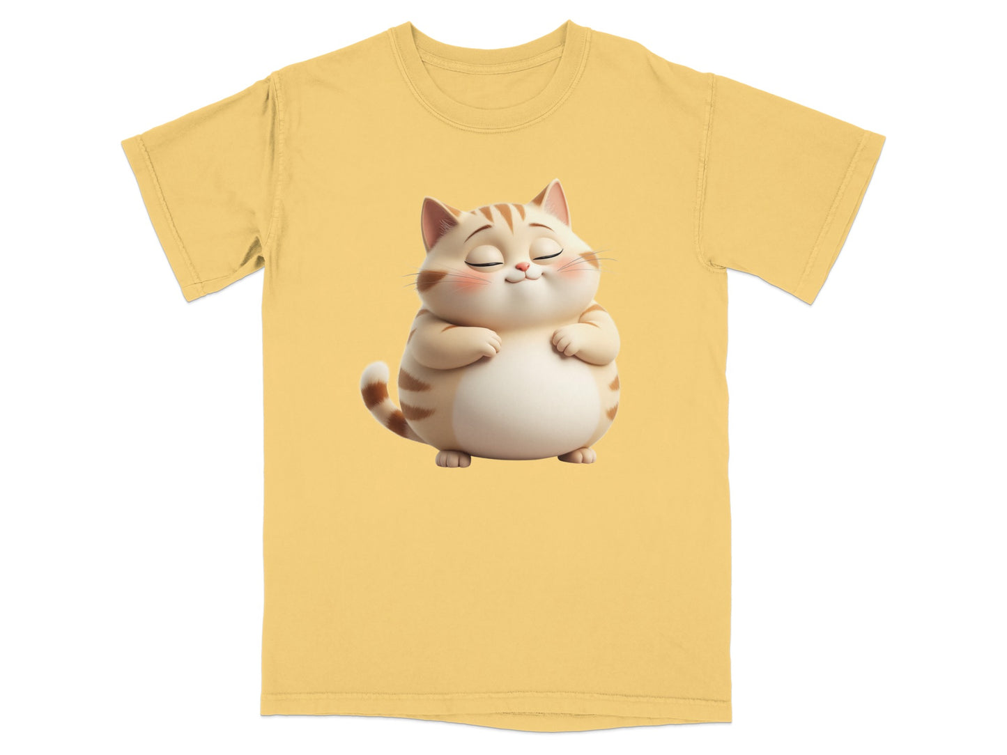 Cartoon cat with closed eyes and stripes on yellow t-shirt.