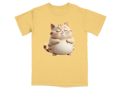 Cartoon cat with closed eyes and stripes on yellow t-shirt.