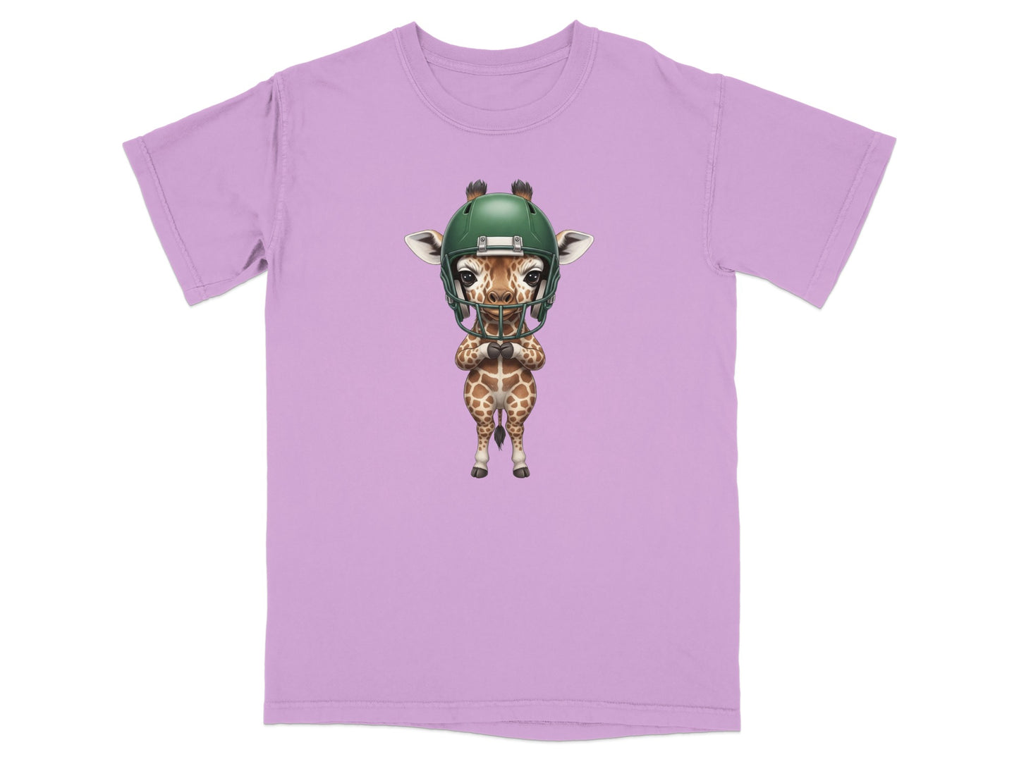 Cartoon giraffe wearing a green football helmet and pads.