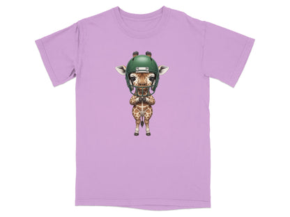 Cartoon giraffe wearing a green football helmet and pads.