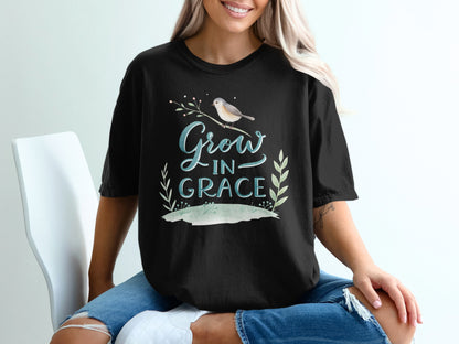 Black t-shirt with "Grow in Grace" text and bird on a branch.