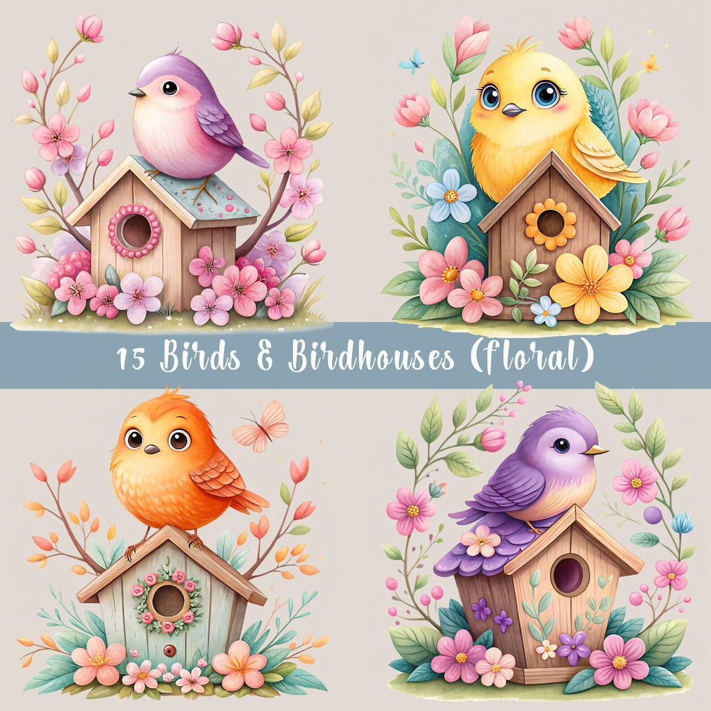 Cute Birds & Birdhouses Watercolor Clipart Bundle | 15 PNG Designs