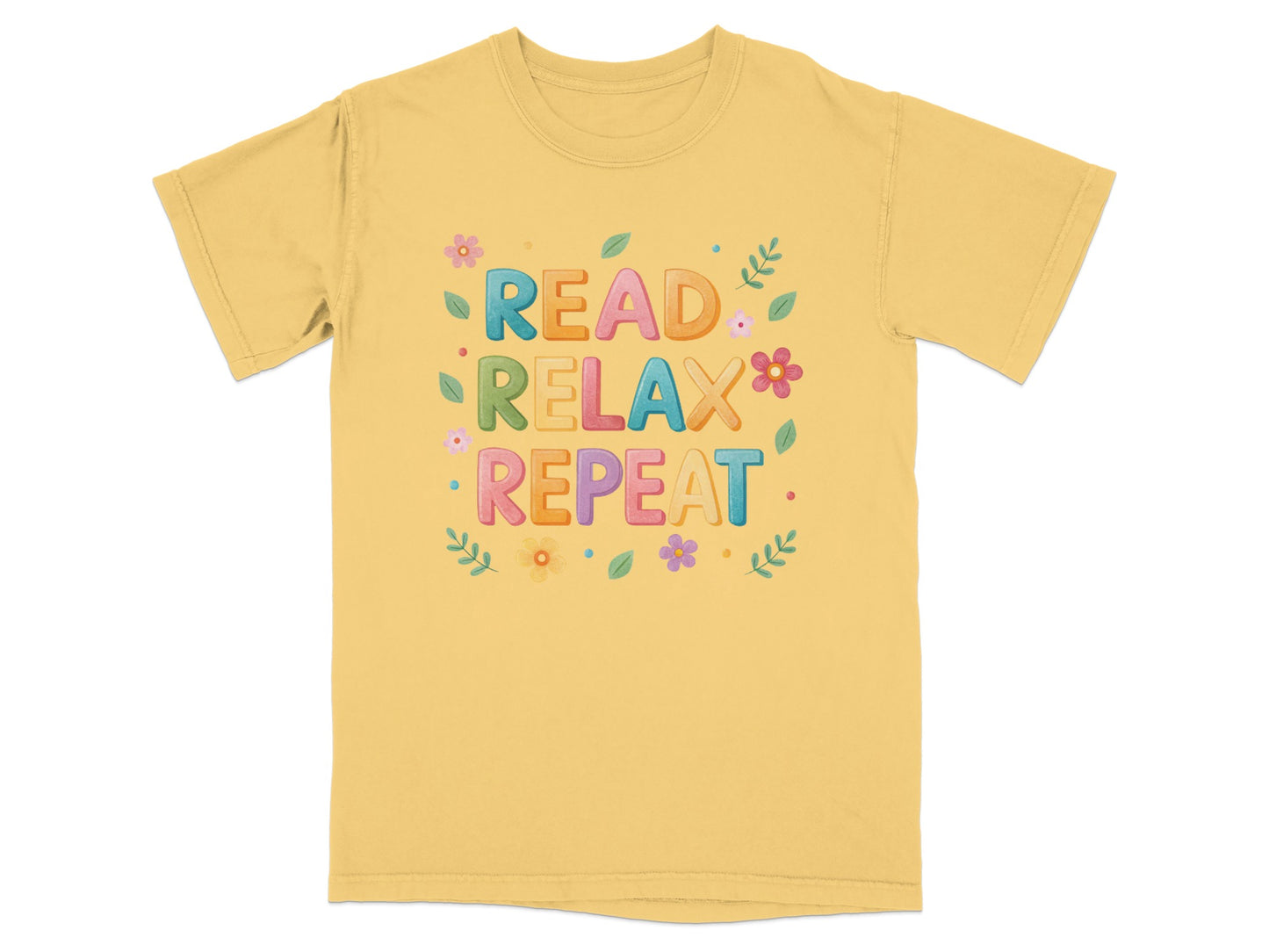 Yellow t-shirt with "Read Relax Repeat" text and floral accents.