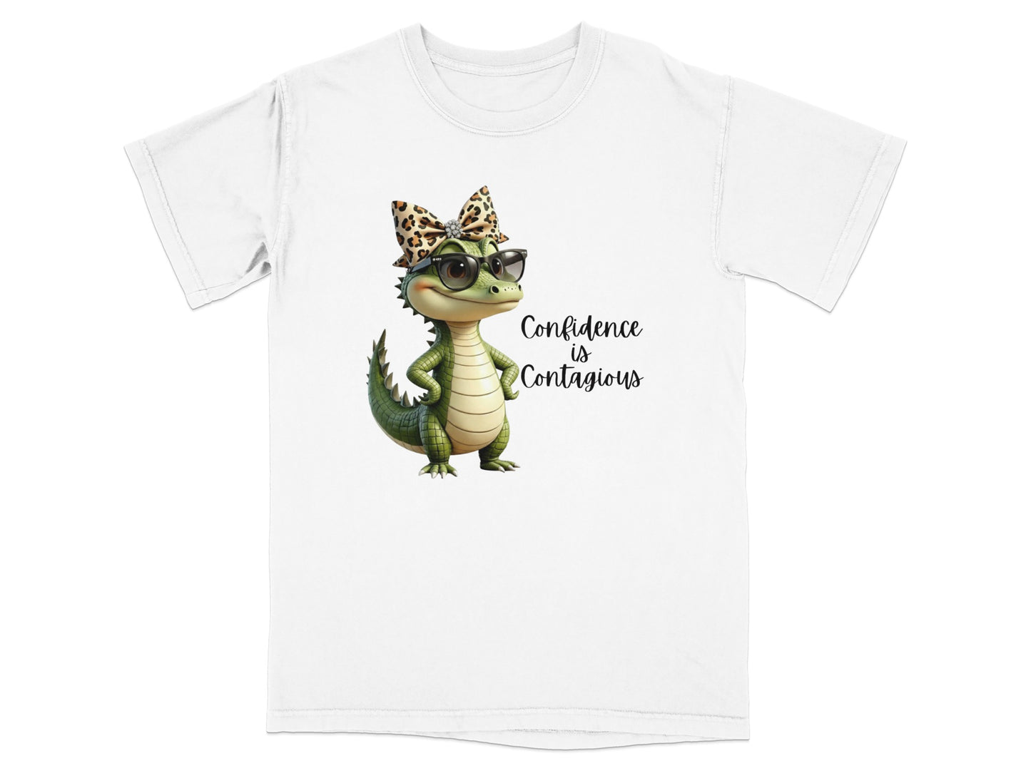 Alligator wearing sunglasses and leopard print bow, "Confidence is Contagious."