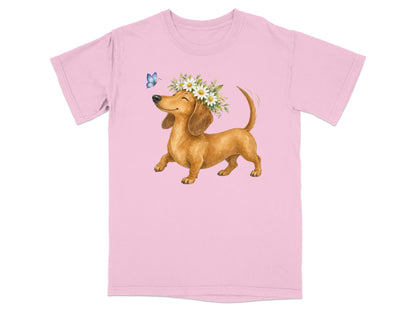 Dachshund wearing a flower crown and smiling with a butterfly.