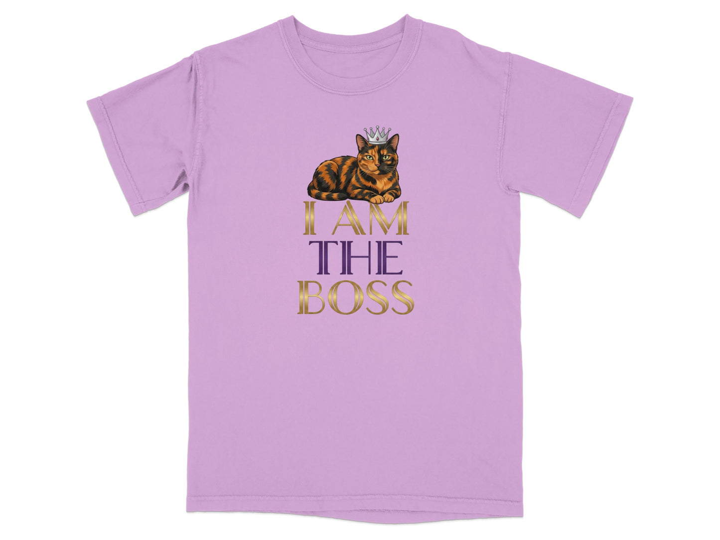Purple t-shirt with a crowned cat and "I AM THE BOSS" text.