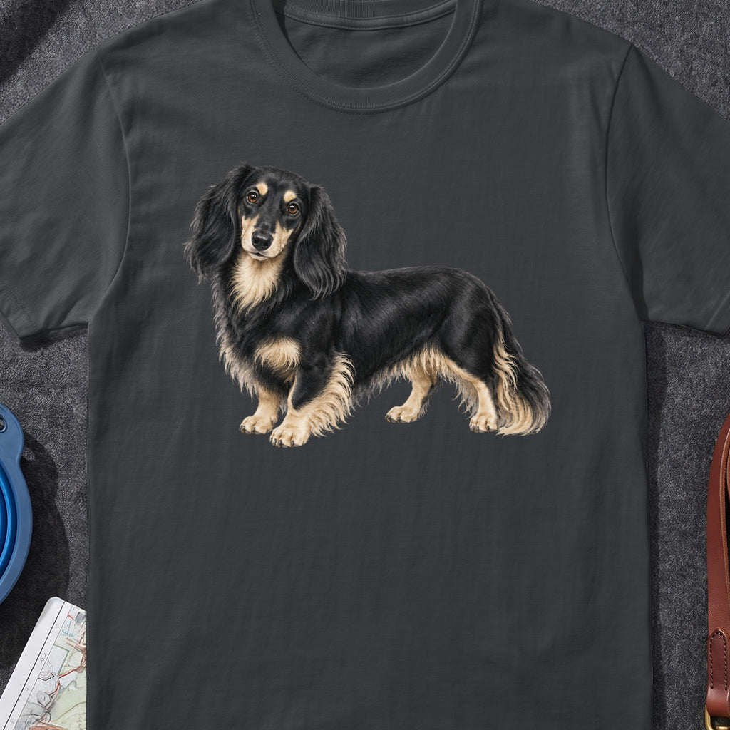 Long-haired black and tan dachshund illustration on a dark grey t-shirt.