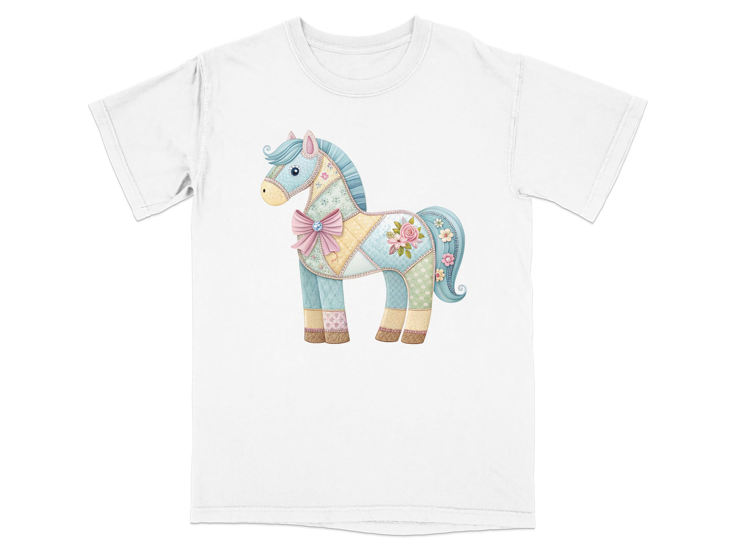 Quilted horse graphic with bow on white t-shirt.