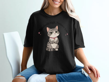 Black t-shirt with a grumpy cat design and text "Standards high, patience low".