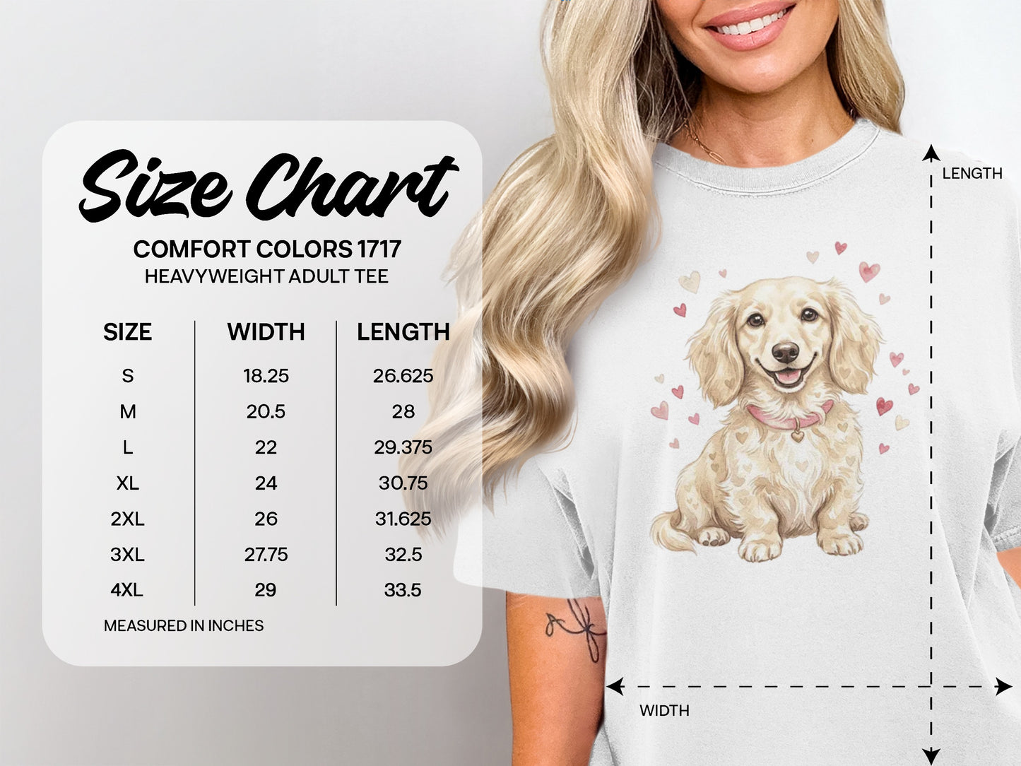 Size chart for Comfort Colors 1717 heavyweight adult tee, showing measurements.