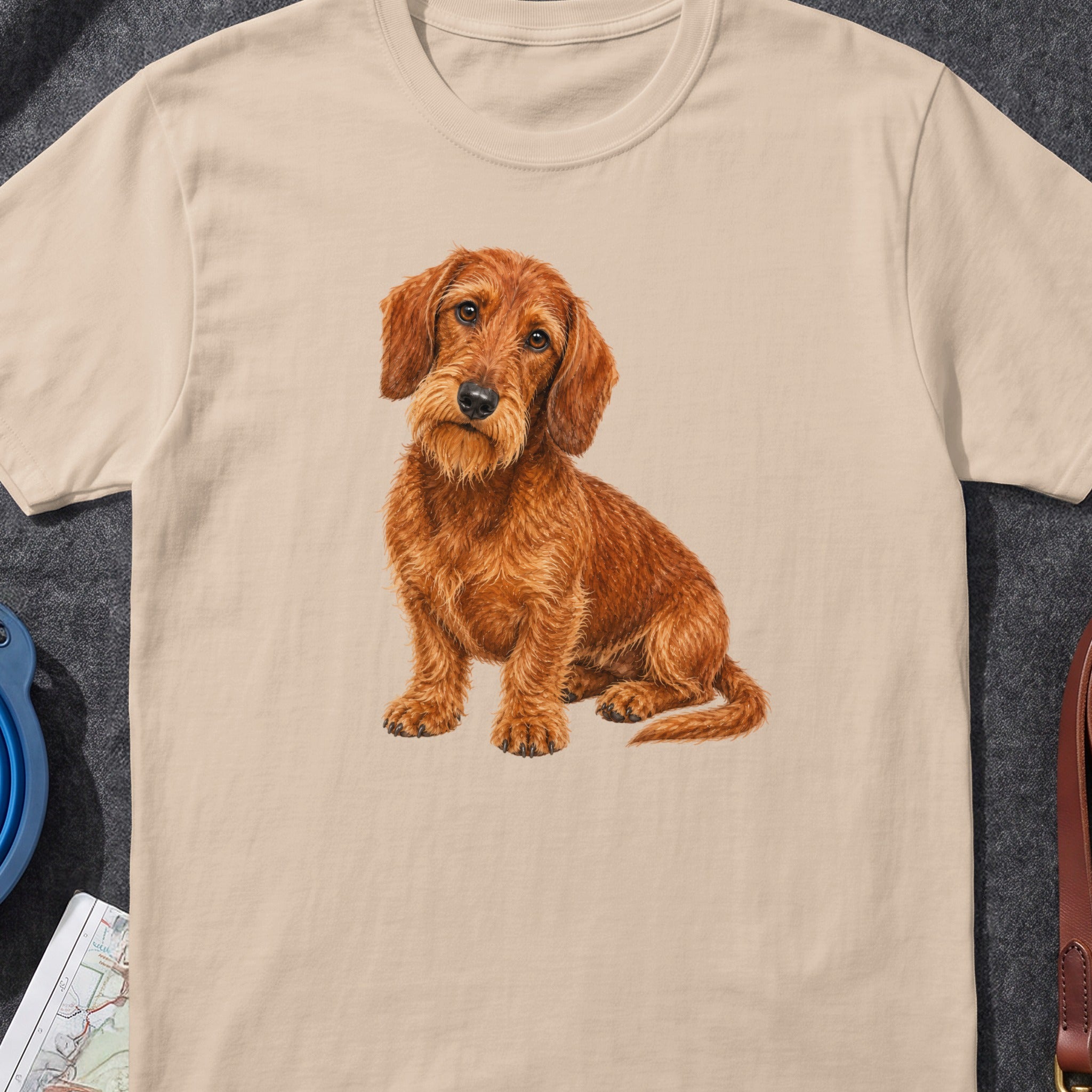 Beige t-shirt with a detailed illustration of a brown wirehaired dachshund sitting.