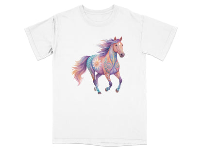 White t-shirt with a running horse illustration in pinks, blues, and purples.