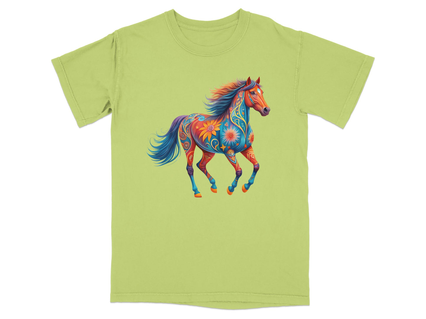 Light green t-shirt featuring a vibrant, colorful horse design with floral patterns.