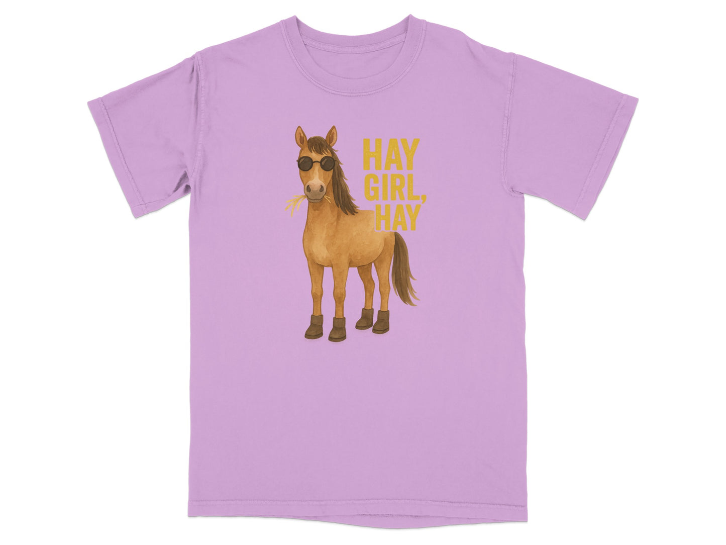 Purple t-shirt with a cartoon horse wearing sunglasses and boots, eating hay.