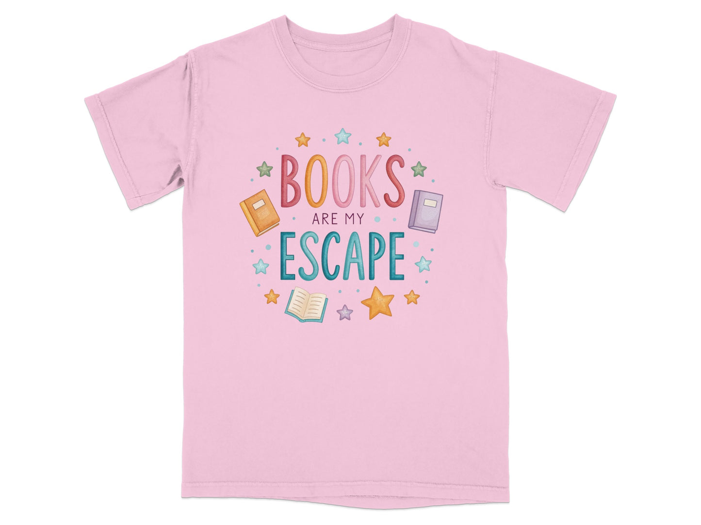 Pink t-shirt with "BOOKS ARE MY ESCAPE" in colorful lettering and book illustrations.