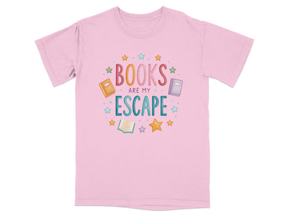 Pink t-shirt with "BOOKS ARE MY ESCAPE" in colorful lettering and book illustrations.