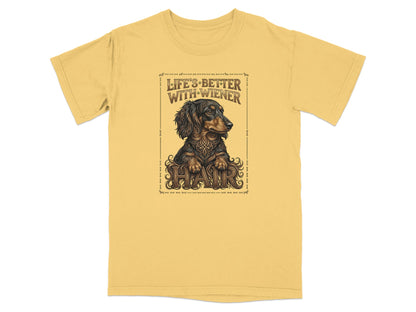 T-shirt with a vintage illustration of a dachshund and the text "Life's Better With Wiener Hair".