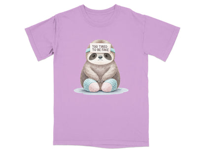 T-shirt with a sleepy sloth wearing a "Too Tired to Be Fake" headband.