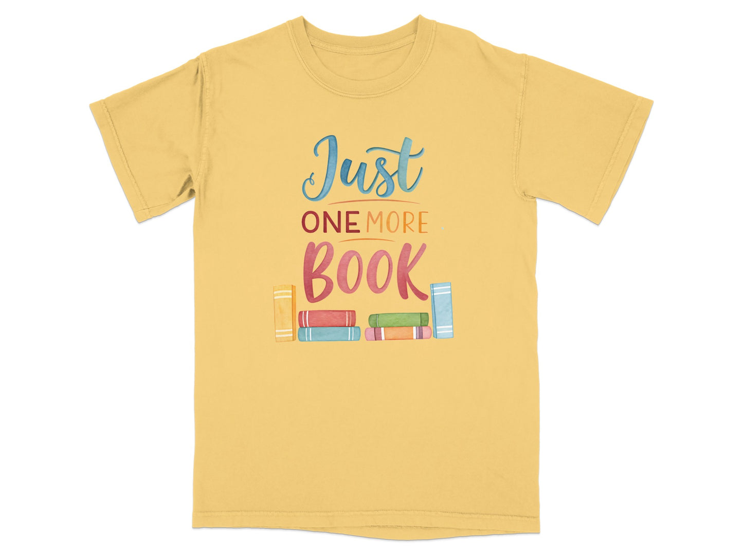 Yellow t-shirt with "Just ONE MORE BOOK" and colorful stacked books.