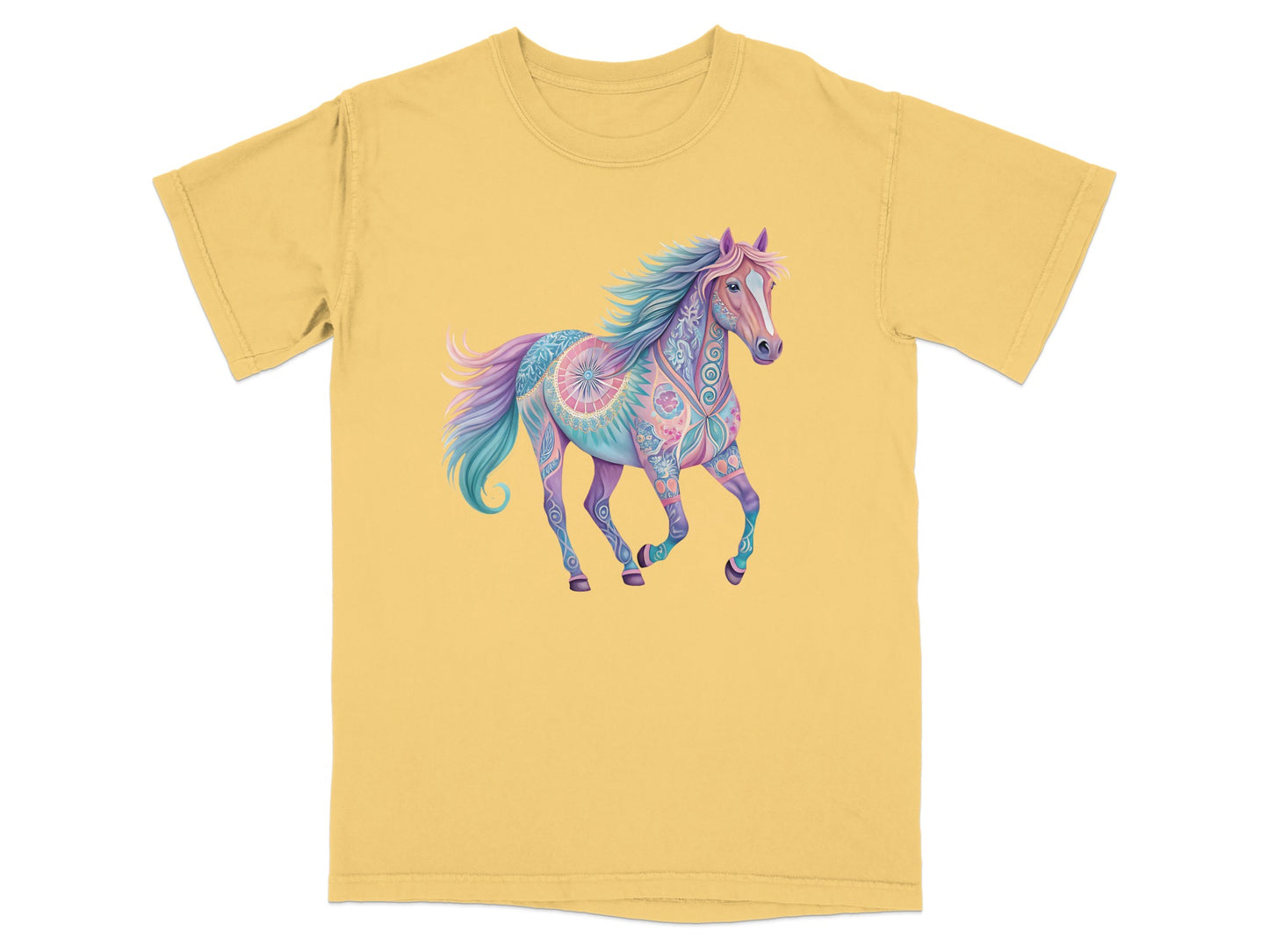 T-shirt with a colorful, patterned horse design.