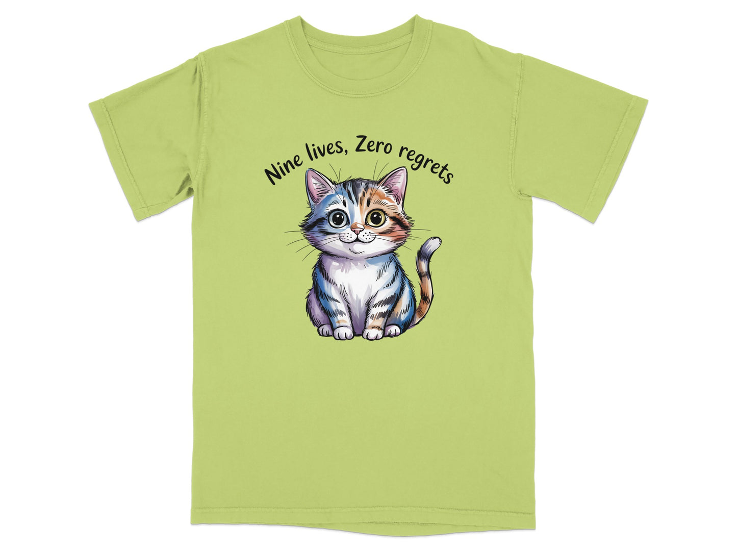 T-shirt with a cartoon kitten and "Nine lives, Zero regrets" text.