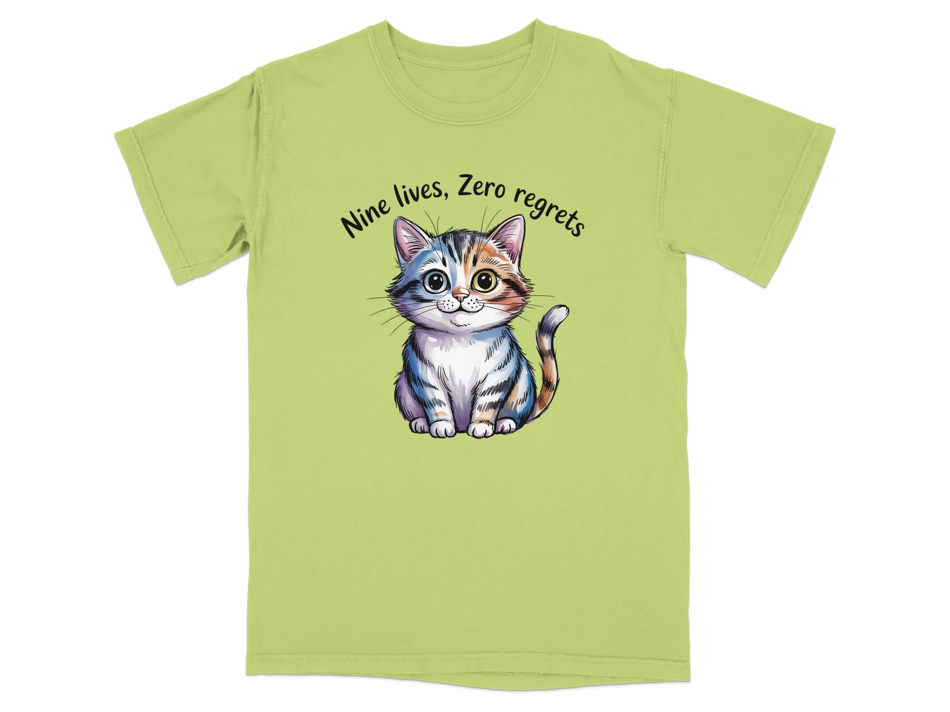 T-shirt with a cartoon kitten and "Nine lives, Zero regrets" text.