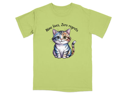 T-shirt with a cartoon kitten and "Nine lives, Zero regrets" text.