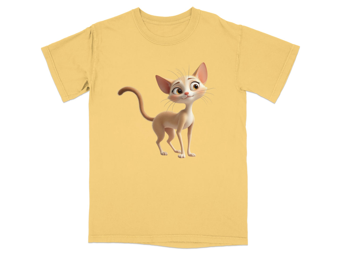 Yellow t-shirt with cartoon cat illustration.