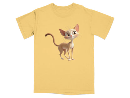 Yellow t-shirt with cartoon cat illustration.