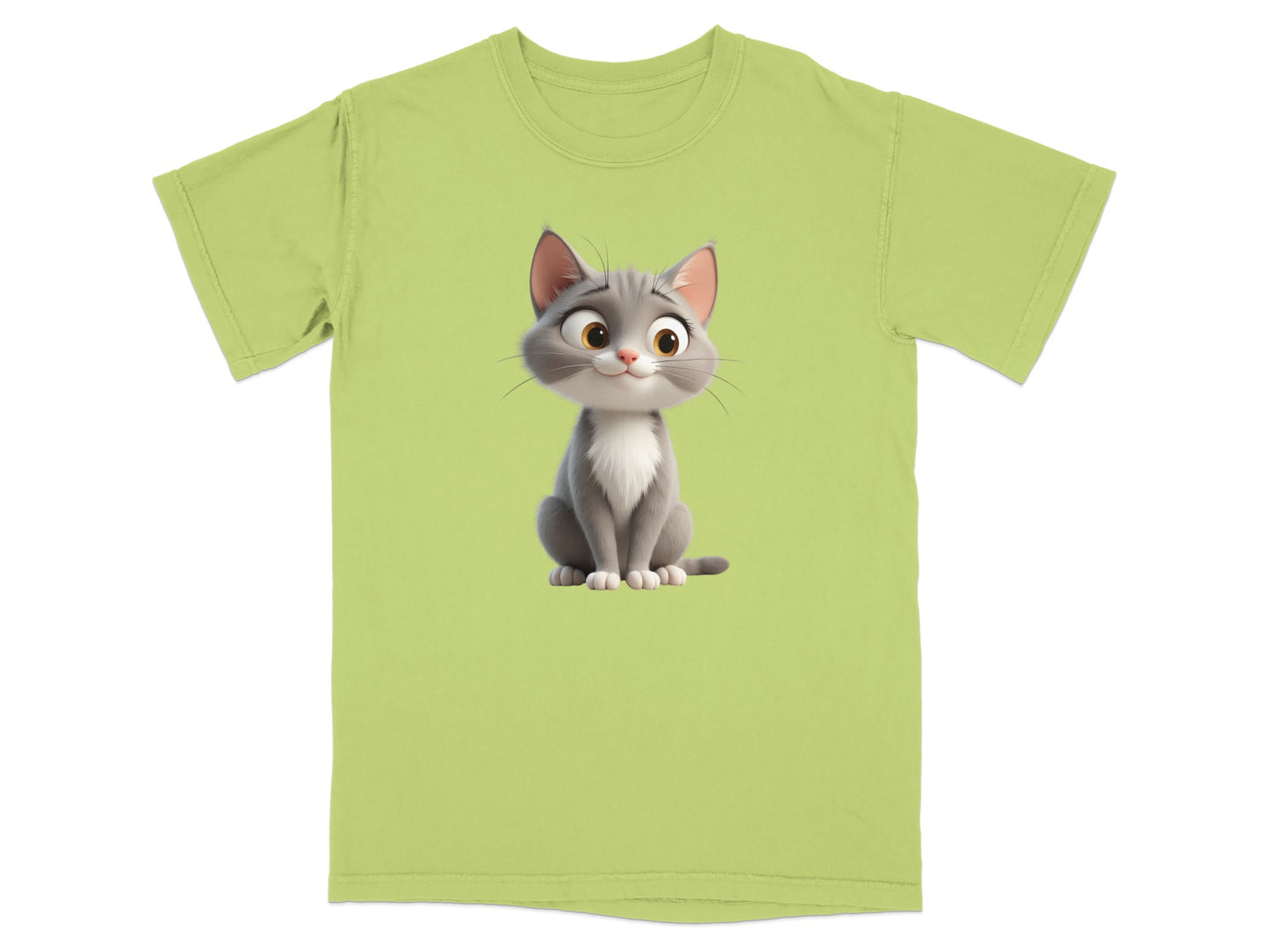 Green t-shirt with a cartoon cat graphic.