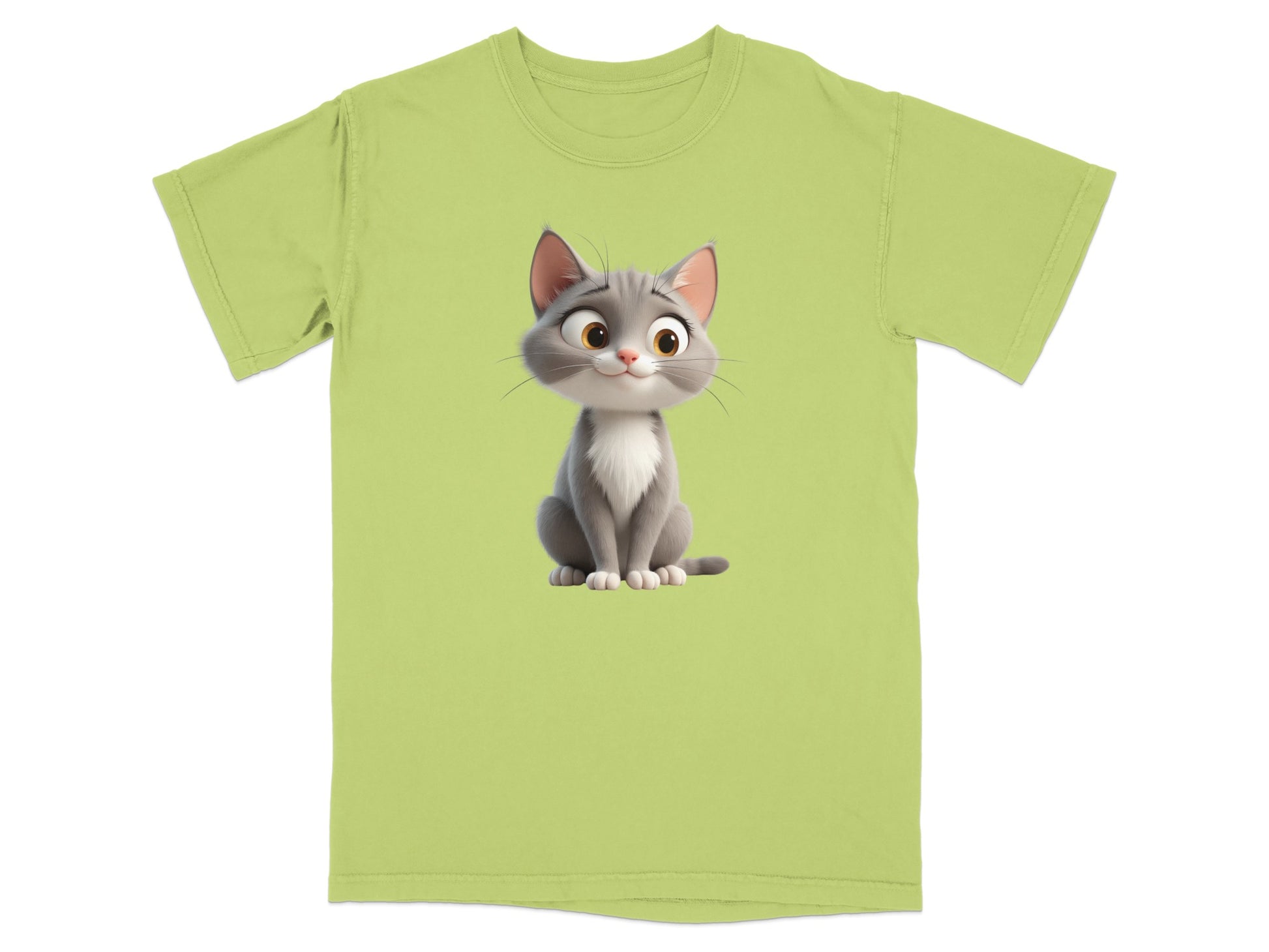 Green t-shirt with a cartoon cat graphic.
