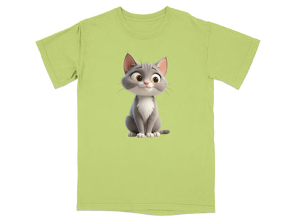 Green t-shirt with a cartoon cat graphic.