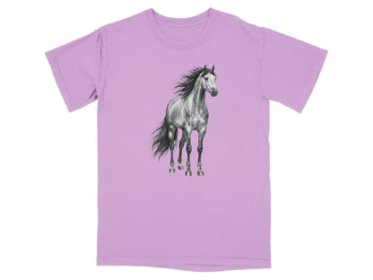 Light purple t-shirt with a black and white drawing of a standing horse.