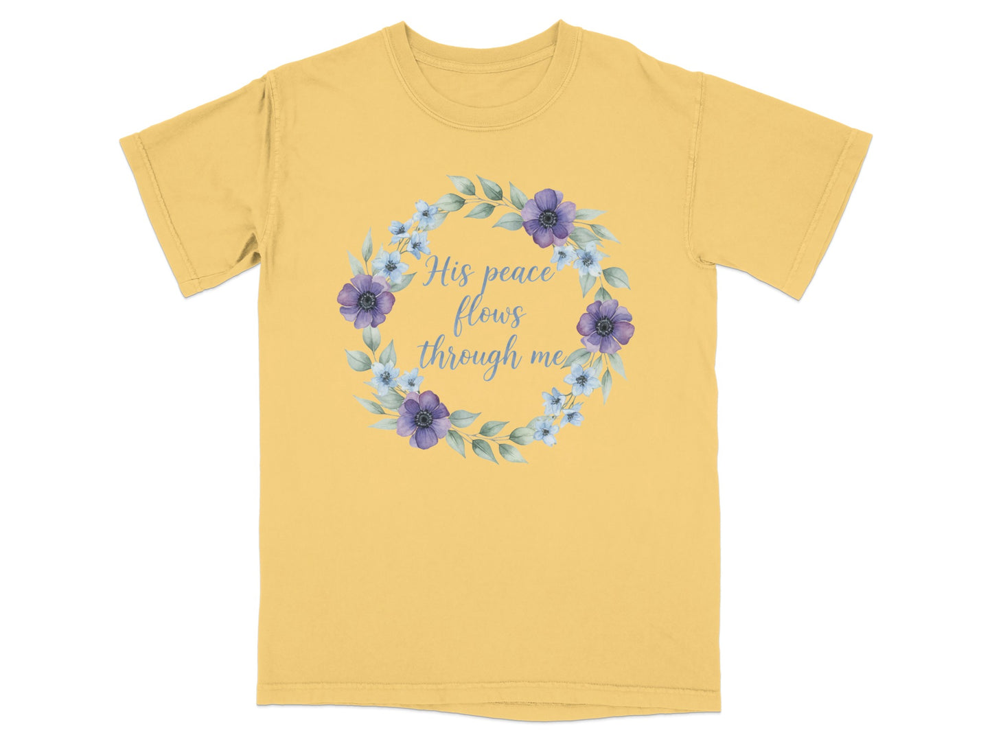 Yellow t-shirt with floral wreath and "His peace flows through me" text.