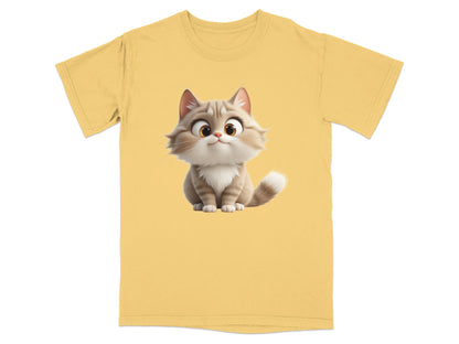 Yellow t-shirt with a cartoon cat graphic.