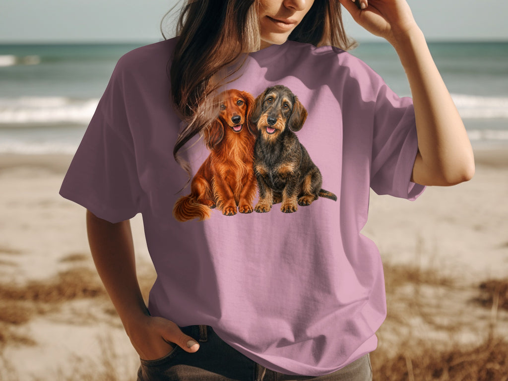 Two dachshund dogs, one red and one black and tan, sit on a purple t-shirt.